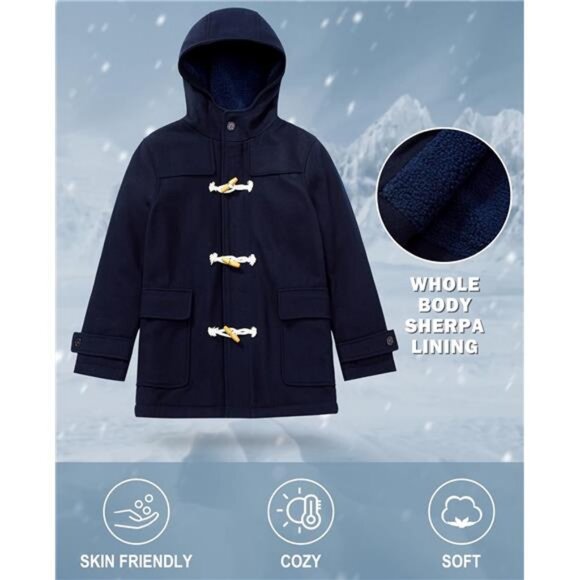 Boys Winter Wool Coat Dress Peacoat Kids Heavy Sherpa Jacket Hooded - Picture 4 of 7
